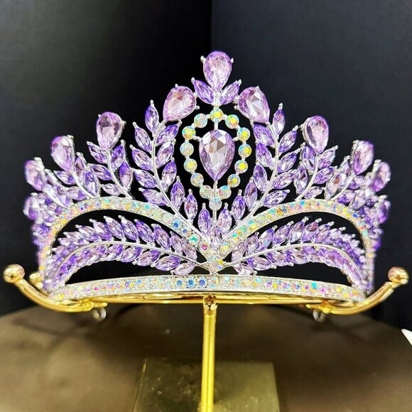 Purple Crystal Crown, Quinceanera Crown, Silver Wedding Tiara, Bridal Headpiece